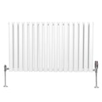 Radiateur à Colonne Ovale 600 x 1020mm & Robinet Thermostatique Chromé, Chauffage Moderne Horizontal en Acier au Carbone Blanc Brillant, Cuisine Salle de Bain [Brosse, Attaches & Supports INCLUS]