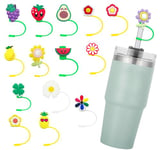 15 Pcs Silicone Straw Cover Cap Compatible with Stanley Cup, Reusable Cute Flowers and Fruits Straws Tips Cap Compatible with Stanley 30&40 Oz Tumbler, 6-10mm Anti-dust Soft Straw Tips Lid