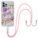 iPhone 15 Pro Skal Blommönster med Strap Lila Pion