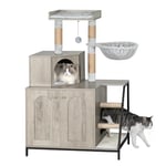 Hzuaneri Maison de Toilette Chat, Maison Moderne 4-en-1 pour Chat avec Grande Plateforme, Abri pour Chat avec Tapis De Grattage, Poteaux, Escaliers Et Pompon, Coussins Lavables, Grège CB81005B