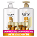 Pantene Pro-V XXL Repair & Care Shampooing 1 litre + Conditioner 900 ml + 2 Masques pour cheveux fragiles et abîmés, aide à combattre les signes des agressions en 1 seule application, format 300 ml