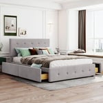 Dans Les Nuages - lit double capitonné 140x200cm, avec 4 tiroir, sommier à lattes, tissu velours, style scandinave, lit adulte - gris - Gris