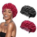 Euqvunn 2Pièces Bonnet Satin Cheveux Nuit, Réglable avec Large Bande Élastique Bonnet en Satin, Double Face À Deux Couleurs, Adapté pour Protection Cheveux Longs/Raides/Bouclés (Noir Rouge)