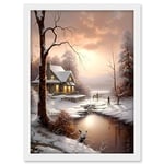 Artery8 Winter Cottage Landscape Oil Painting Snow Lake Sunset Snowy Trees Artwork Framed A3 Wall Art Print