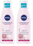 NIVEA Lait Démaquillant Visage & Yeux (1 x 200 ml), lait démaquillant yeux, nettoyant visage enrichi en Camomille naturelle & Hydramine, soin visage hydratant femme tous types de peaux (Lot de 2)