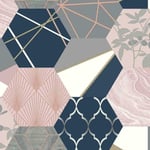 Rasch Patchwork Geometric Hexagon Metallic Pink Blush Navy Grey Gold Wallpaper