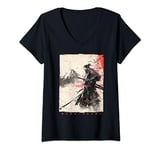 Womens Japan Samurai Warrior Fighter Ukiyo Ink Artwork Samurai V-Neck T-Shirt