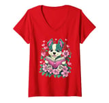 Womens Flowers Dog Reading Book Valentines Day Graphic Funny V-Neck T-Shirt