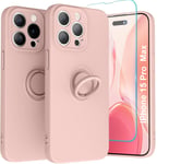 Coque Silicone Pour iPhone 15 Pro Max Couleur Rose Avec Anneau Support + Verre T