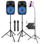 Home Karaoke Set with Tablet Mount, Wireless Mics, VPS102A PA Speakers & Stands