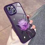 BOUFE iPhone 14 Plus Case for Women and Girls, Built-in Glitter Camera Lens Protector, Transparent, Shockproof, Scratch-Resistant, with Fairy Rose Flower Pattern Design (Purple)