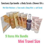 Sanctuary Body Scrub,shower Oil,face wash,Sleep Mist,salt Scrub~Mini Set 9 Items