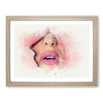 Pink Lips Breaking Through In Abstract Modern Art Framed Wall Art Print, Ready to Hang Picture for Living Room Bedroom Home Office Décor, Oak A2 (64 x 46 cm)