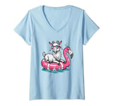 Womens Funny Goat On Flamingo Floatie Summer Pool Party Vintage V-Neck T-Shirt