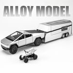 1/32 Tesla Cybertruck med Touring Car RV Husvagn Diecast Leksaksmetall Miniatyrmodell Drag tillbaka Ljud Ljus Samling Present Pojke Silver