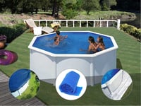 Kit piscine acier blanc Gré Fidji ronde 3,20 x 1,22 m + Bâche hiver + Bâche à bulles + Tapis de sol