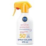 NIVEA SUN Spray solaire Sensitive Protection Immédiate Peaux Sensibles FPS 50+ (1 x 270 ml), Protection anti UV non grasse et sans parfum, Crème solaire résistante à l’eau