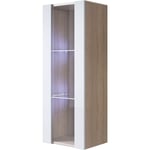 Vitrine murale 1 porte avec led Meuble de Rangement suspendu 40x126x29cm 3 compartiments Modèle Luke V2 Sonoma mat et Blanc Finition brillante