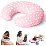 Niimo Coussin d’Allaitement - Coussin Maternité - Coussin de Positionnement - Coussin Bébé - Coussin de Grossesse - Multifonction - Housse 100% Coton - Lavable (Rose avec cœurs Blancs)