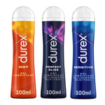 Durex - Lot de 3 Gels Lubrifiants intimes - 1 Gel Hot Chauffant Stimulant 100ml - 1 Gel Perfect Gliss Usage Anal 100 ml - 1 Gel Sensitive 100ml