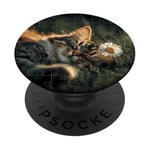 Chat mignon endormi dans le jardin avec fleur Nature Puzzle PopSockets PopGrip Adhésif