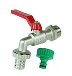 GASMIS Robinet à Boisseau de Haute Qualité - Fabriqué en Italie - Robinet de Jardin en Laiton 1/2" 20,96mm - avec Nez de Robinet et Embout Tuyau, pour Extérieur et Intérieur, Rouge, 1 Pièce