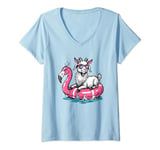 Womens Funny Goat On Flamingo Floatie Summer Vibe Pool Party V-Neck T-Shirt