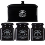 Set Of 4 Black Ceramic Vintage Tea Sugar Coffee Jars Storage Canisters Bread Bin