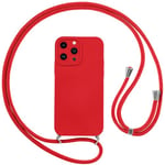 Vauki Coque pour iPhone 15 Pro avec Cordon, Etui avec Collier - Tour de Cou Lanière en Corde - Silicone Housse avec Réglable Chaine pour iPhone 15Pro, Bandouliere - Rouge