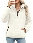 Tuopuda Sweatshirt Femme Polaire Zippé, Sweat Manches Longues, Pulls en Peluche Sweat-Shirt avec Poche Streetwear Sport Tops Élégant Casual Pullover Automne Hiver, Blanc, XXL