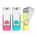 KEXIN Clés USB 2.0 32Go Lot de 3 Clef USB 32 Go 2.0 Cle USB Flash Drive 32 Giga LED avec Pince en Métal à 360° 3 Pièces USB Mémoire Externe 32GB Fonctionne pour PC (Cyan Jaune Rose)