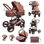 Baby Stroller 3 in 1 Pram Pushchair Buggy Child Lightweight Folding Stroller 3 in 1 Travel System Pram for Newborns Toddlers 0-36 Months from Birth Aluminium (Beige - Rose Gold Frame)