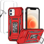 Antichoc Coque Para Iphone 12 6.1',Tpu+Pc Housse Protection De Qualité Militaire Avec Lentille Coulissante Couverture/2* Verre Trempé,Compatible Support De Voiture Magnétique-Rouge