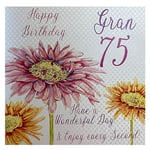 White Cotton Cards WBA75–G Gerbra Happy Birthday Rose 75 Granny Have a Wonderful Day, 75ème Anniversaire Faite à la Main Blanc