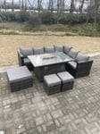 Rattan Corner Sofa Set Gas Firepit Dining Table Set Patio Heater Burner With Big Footstool Dark Grey Mixed 9 Seater