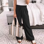 (Black S)Women Wide Leg Pants Side Pockets Elastic Waist Solid Color Causal