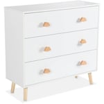 Sweeek - Commode enfant. décor bois. blanc. 3 tiroirs. pieds et poignées en pin