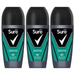 Sure Men Sensitive Antiperspirant Roll On 48H Sweat & Odour Protection, 3x50ml