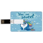 32G USB Flash Drives Credit Card Shape Unicorn Memory Stick Bank Card Style Youre Sweet Quote with Baby Penguin Shaped Unicorn and Fish in the Sea Art Image Decor,Blue Waterproof Pen Thumb Lovely Jump