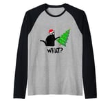 Funny Black Cat Gift Pushing Christmas Tree Over Cat What? Raglan Baseball Tee