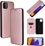 Compatible Avec Coque Samsung Galaxy A22 4g, Mince Flip Fibre De Carbone [Test De Chute] Antichoc Stand Fente Avec Carte, Protecteur D'écran En Verre Trempé*2-Or Rose