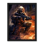 Artery8 Army Warfare Desert Sniper Explosion Flames Oil Painting Soldier Action Scene Artwork Framed Wall Art Print 18X24 Inch