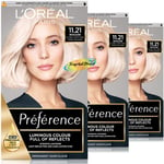 3x Loreal Preference 11.21 Moscow Ultra Light Cool Pearl Blonde Hair Colour Dye