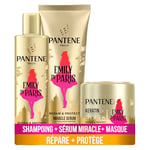 Pantene x Emily in Paris Repair & Protect Édition Limitée Shampoing Sérum 250ml + Après-Shampoing Sérum 220ml + Masque Capillaire 300ml, Enrichi en Nutriments Pro-V et en Peptides de Collagène