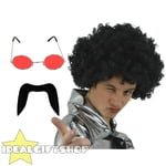 70's Man Set Black Afro Wig Moustache Red Glasses Disco Fancy Dress 1970's