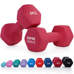 Core Balance 8kg Dumbbell Pair Hex Weight Neoprene Coated Cast Iron Strength Training (Crimson)