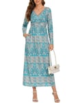 chuangminghangqi Femme Robe de Poche à Manches Longues Robe Fleurie Portefeuille Imprimee Robe A-Line Col en V Automne Robe d'été Casual Longue Élégante Soirée Fête (Lac bleu,M)