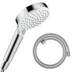 Pommeau de douche HANSGROHE Crometta EcoSmart 2 jets blanc/chromé + flexible de douche HANSGROHE Designflex 160 cm chromé