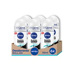 Nivea Black & White Invisible Fresh Déodorant Roll-on 6 x 50 ml, Deo Spray frais et anti-halos, Spray anti-transpirant parfumé qui protège la peau et les vêtements