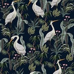 ReWallpaper Dark Green Wallpaper for Living Room Vintage 44.5CMx3M Self Adhesive Wallpaper Tropical Leaf Navy White Crane Bird Wall Paper Roll Vinyl Bathroom Wallpaper Waterproof for Walls Bedroom